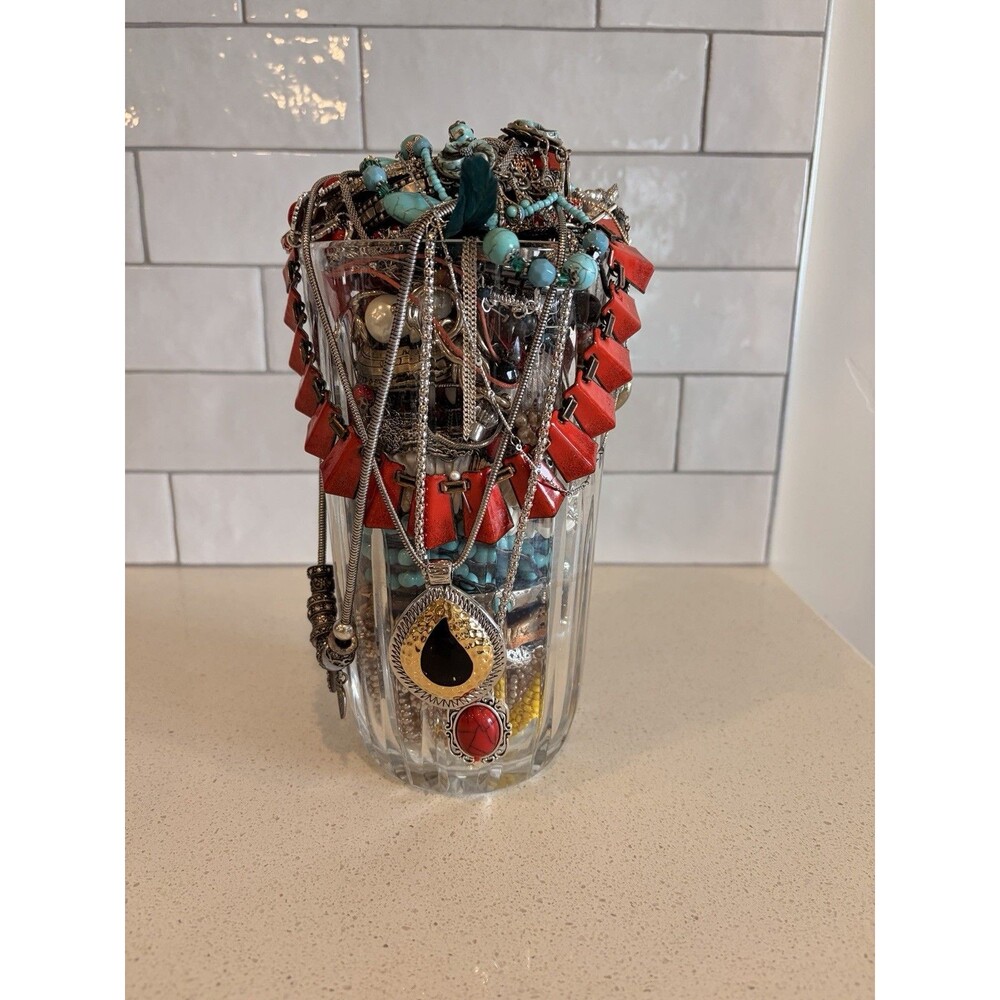 LARGE VTG Native Boho Mystery Jewelry Jar Turquoise Silver Gold Tone Bead